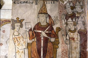 Ferrande-tornin fresko Pernes-les-Fontainesissa (Pernes les Fontaines, Vaucluse (84)) 1200-luvulta: paavi sijoitti Anjoun Kaarle I:n (1226-1285) Sisilian kuningaskuntaan 28.6.1265. Clement IV (v. 1195-1268). tekijältä Unbekannt
