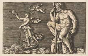 Galatea pakenee Polyphemusta, hän istuu kalliolla kädessään sauva ja piiput ja..., noin. 1515-1600. tekijältä Unbekannt