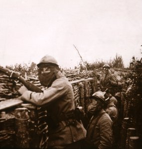 Kaasuvaroitus juoksuhaudoissa, Champagne, Pohjois-Ranska, 1916 tekijältä Unbekannt
