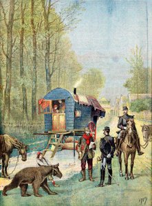 Santarmit ottavat väestölaskentalomakkeita kiertävien mustalaisten leiriin asuntovaunussaan, 1895 tekijältä Unbekannt