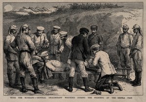Kenraali Mihail Dragomirov haavoittui taistelussa Shipkan solalla, noin 1878 tekijältä Unbekannt