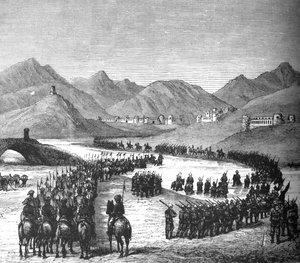 Kenraali Rosss-divisioona ylittää Logar-joen matkalla tapaamaan Sir Donald Stewartia, c1880 tekijältä Unbekannt