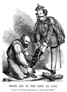Giuseppe Garibaldi auttoi Victor Emmanuel II:ta pukemaan Italian kengät, 1860 tekijältä Unbekannt