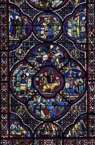 Goottilainen taide: ihmelapsen elämä. Lasimaalaus Cathedrale Saint Etienne de Bourgesin (Loir et Cher) ambulatoriosta tekijältä Unbekannt