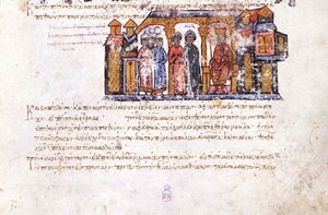 Suurprinsessa Olga vierailemassa Konstantinus VII:n pienoismallissa Madridin Skylitzesistä, 1000-1100-luku tekijältä Unbekannt