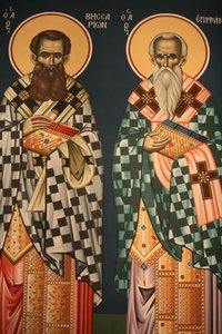 Kreikkalainen ortodoksinen ikoni, joka kuvaa Pyhää Vissarionia ja Saint Epiphanos Thessalonique Grecea tekijältä Unbekannt