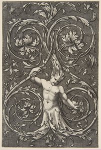 Groteski mieshahmolla, jossa alavartalo ja akantuskääröjen pää, n. 1515-1600. tekijältä Unbekannt