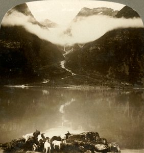 Grytereids-jäätikkö kimaltelee ajelehtivien pilvien yllä rauhallisen Olden-järven yli, Norja, 1905. tekijältä Unbekannt