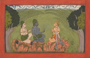 Hanuman ennen Ramaa ja Lakshmanaa... hajallaan olevaa "Mankot" Ramayana -sarjaa, n. 1710-25. tekijältä Unbekannt