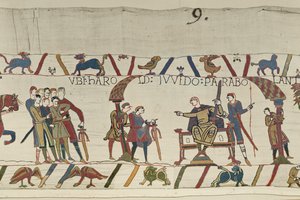 Harold ja Ponthieun kreivi Guy puhuvat yhdessä Beaurainissa, Bayeux Tapestry (villakirjonta pellavalle) tekijältä Unbekannt