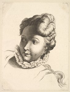 Ruffa pukeutuvan naisen pää, Livre de Têtes Gravées dapres F. Boucher et ..., 1700-luku. tekijältä Unbekannt