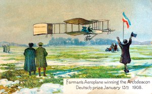 Henri Farman, ranskalainen lentäjä, voitti palkinnon ensimmäisestä ympyräkilometristä, Pariisi, tammikuu 1908 tekijältä Unbekannt