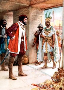Hernan Cortes tapaa atsteekkien keisari Montezuman, 1519 tekijältä Unbekannt