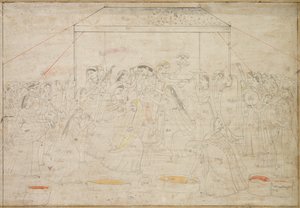 Hindujumala Krishna on pukeutunut naisten vaatteisiin kevätjuhla Holi, c. 1790. tekijältä Unbekannt