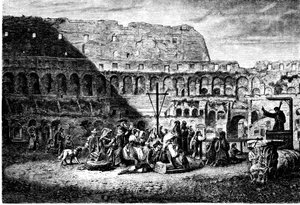 Muinaisen Rooman historia. Colosseumin sisäpuolen paastonsaarna. Tulosta 1800 tekijältä Unbekannt