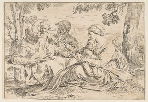 Pyhä perhe Pyhän Elisabetin ja Pyhän Johannes Kastajan kanssa, kopio kääntöpuolella a..., noin 1639 tai sen jälkeen. tekijältä Unbekannt