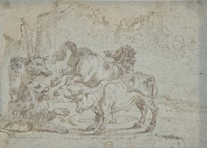 Hevonen, härkä, leijona ja villisika, 1600-luku. tekijältä Unbekannt