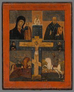 Ikona-Ukrižovanie s kazaňskou bohorodičkou, sv.Mikulášom, sv.Jurajom a Dimitrij tekijältä Unbekannt