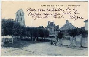 Ile de France, Essonne (91), Soisy sur Ecole (Soisy-sur-Ecole): Kirkkoaukio – Postikortti 1800-luvun lopulla – 1900-luvun alussa tekijältä Unbekannt