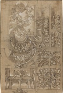 Illusionistinen katto, jossa on viinirypälelehti, gallerioissa olevia hahmoja ja keskus..., c. 1570158 tekijältä Unbekannt