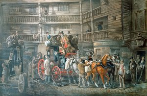 Majatalon piha, jossa postivalmentaja valmistautuu lähtöön, c1840 tekijältä Unbekannt