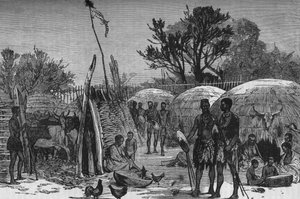 Zuli Kraalin sisustus Tugelajoella, n. 1880 tekijältä Unbekannt