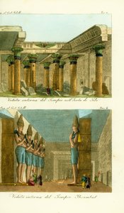 Isisin temppelin sisätilat Philae Islandilla Nubiassa ja Ramses II:n suuren temppelin sisätilat Abu Simbelissa (Ibsambul), Nubia tekijältä Unbekannt