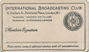 International Broadcasting Club: Jäsenkortti, 1930-luku tekijältä Unbekannt