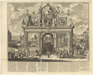 Sijoitussuunnitelmat: Muistokaari pystytetty raunioituneiden osakkeenomistajien hautapaikalle, 1720. tekijältä Unbekannt