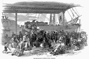 Irlantilaiset siirtolaiset lähdössä Amerikkaan Waterloo Docksissa, Liverpoolissa, 1850 tekijältä Unbekannt