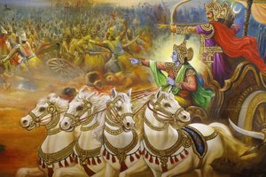 Jalaram Prathanna hindutemppeli, Leicester. Fresko. Krishna vaununkuljettaja ohjaa Arjunaa Kurukshetran taistelukentällä. Yhdistynyt kuningaskunta tekijältä Unbekannt