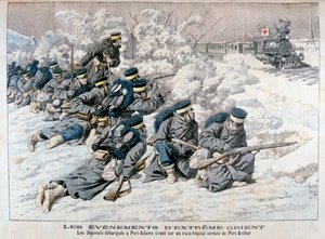 Japanin hyökkäys sairaalajunaan lähellä Port Arthuria, Manchuria, Venäjän ja Japanin sota, 1904 tekijältä Unbekannt