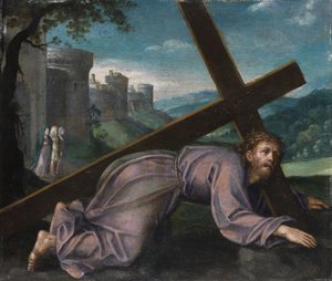 Jeesus lankeaa ristin alle. 1600-luvun pohjoisitalialainen taidemaalari tekijältä Unbekannt