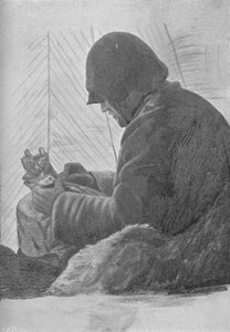 Johansen istuu makuupussissa mökissä, c1893-1896, 1897 tekijältä Unbekannt