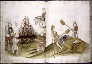 John Hus poltetaan roviolla 6. heinäkuuta 1415 ja hänen tuhkansa heitetään Reiniin: Ulrich Richental Chronicle of the Coun, 1414-1418 tekijältä Unbekannt
