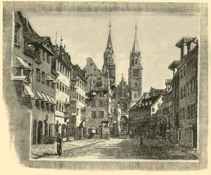 Karolinen-Strasse ja Pyhän Laurentiuksen kirkko, Nürnberg, 1890. tekijältä Unbekannt
