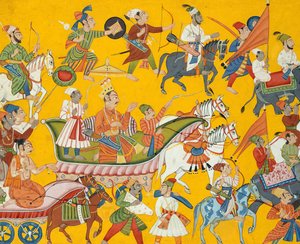 Kuningas Dasaratha ja hänen seuralaisensa jatkavat Ramas-häihin: Folio Shangri..., n. 1690-1710. tekijältä Unbekannt