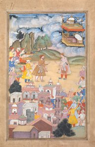 Kuningas Sal vierailee Kala Yavanassa, Foliossa Harivamsa Legend of Hari Krishnasta, K. 1590-95. tekijältä Unbekannt