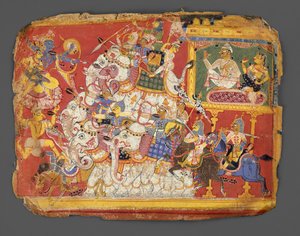 Krishna taistelee demoni Narakan armeijoita vastaan: Sivu Bhagavata Purana -käsikirjoituksesta, n. 1540. tekijältä Unbekannt