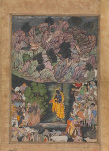 Krishna pitää Govardhan-vuorta suojellakseen Brajin kyläläisiä, Folion..., n. 1590-95. tekijältä Unbekannt