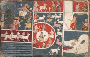Krishna soittaa huilua ja muita Bhagavata Puranan jaksoja, n. 1650. tekijältä Unbekannt
