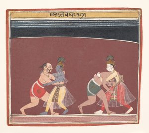 Krishna ja Balarama taistelevat pahan kuningas Kamsas Wrestlersin kanssa..., n. 1650. tekijältä Unbekannt