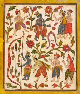 Krishna and the Bow, Folio 24 Tula Ram Bhagavata Puranalta, n. 1720. tekijältä Unbekannt