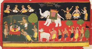 Indran kunnioittama Krishna saapuu valkoisen norsun selässä, v. 1720 tekijältä Unbekannt