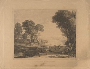 Maisema hahmoineen Iisakin ja Rebeccan häiden jälkeen, 1648, julkaistu 1830. tekijältä Unbekannt