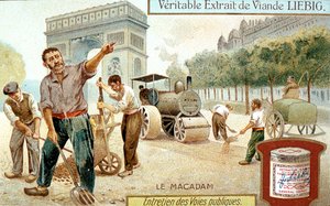 Macadam-tienpinnan laskeminen ja sen tiivistäminen höyrytiejyrällä, Paris, c1900 tekijältä Unbekannt