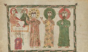 Lehti evankeliumikirjasta, jossa on neljä pysyvää evankelistaa, 1290-1330. tekijältä Unbekannt