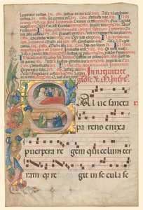 Lehti asteittaisesta: Historiated Initial S[alve Sancta Parens], jossa on Neitsyen syntymä recto, n. tekijältä Unbekannt