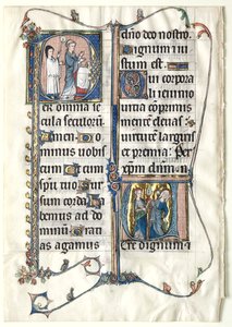 Lehti messukirjasta, jossa on kaksi historiallista alkukirjainta: Initial P[er omnia centuries saeculi]..., n. 1300 tekijältä Unbekannt