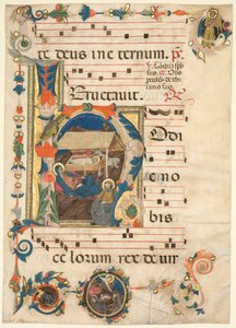 Lehti antifonaarista, jossa on Historiated Initial H sekä The Nativity recto ja Music verso. tekijältä Unbekannt